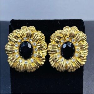 Vintage KJL Avon Clip On Earrings Goldtone Sunflower Black Lucite Stone 1.5"